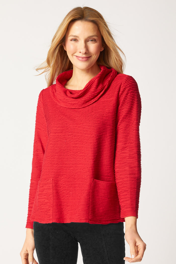Women's Ripple Effect Pocket Cowl Neck Top in Ruby by Habitat