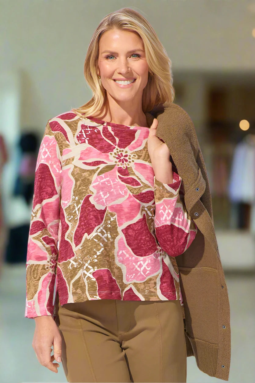 Women's Long Sleeve 100% Peruvian Top in Rose Decoupage Floral - Escape by Habitat
