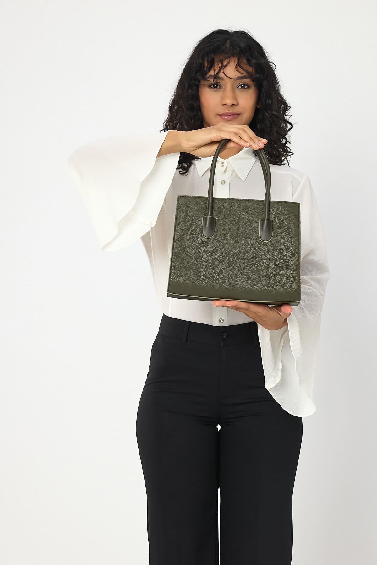 Vegan Pebbled Handbag in Khaki Green or Rich Brown With Shoulder Strap