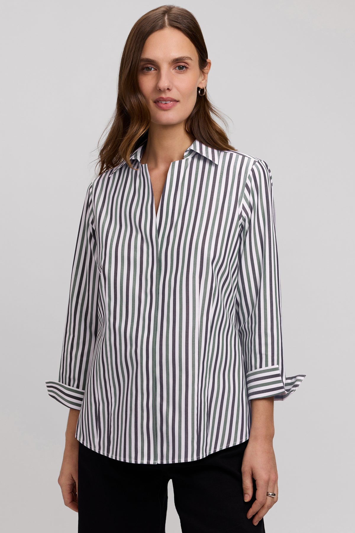 Meghan Long Sleeve Button Up Shirt in Striped Indigo by Foxcroft