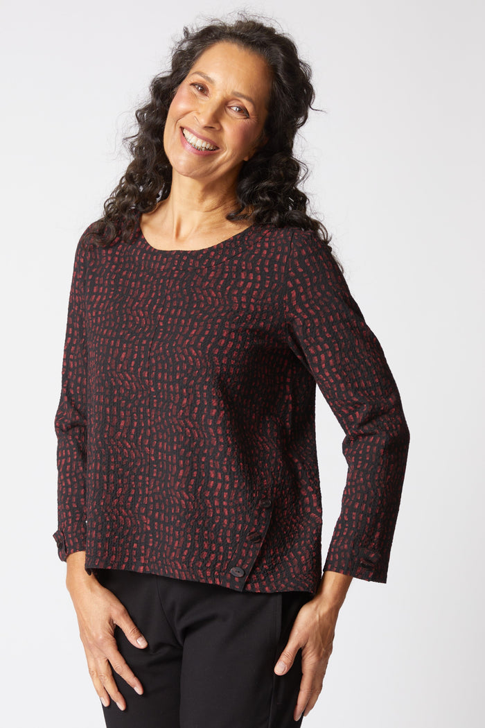 Women's Pucker Weave Mosaic Print Button Pullover Top in Wine by Habitat