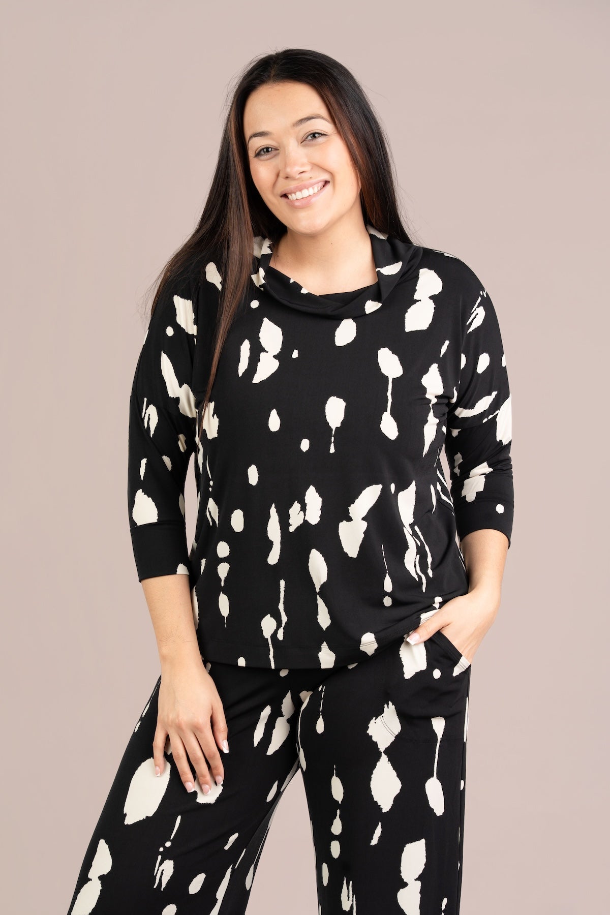Women's Slouch Neckline Sweatshirt Print in Cashew Splatter by Sympli
