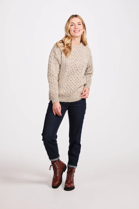 Inishbofin Ladies Traditional Aran Sweater in Flecked Oat by Aran Woolen Mills