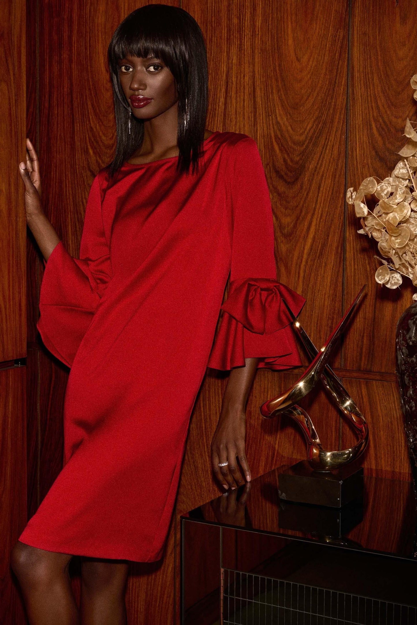 Satin Ruffle Sleeve Straight Dress in Red by Joseph Ribkoff – Once@426 Boutique and Market