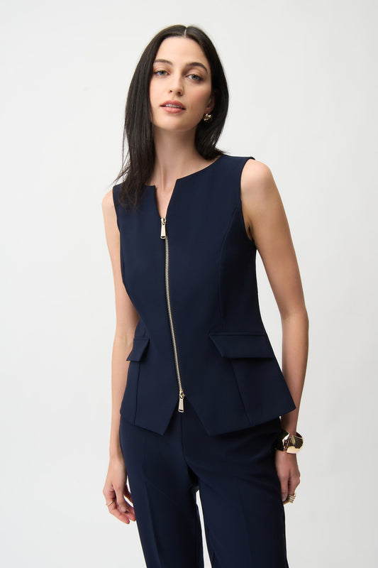 Women’s Tailored Sleeveless Vest with Two-Way Zip in Midnight Blue by Joseph Ribkoff