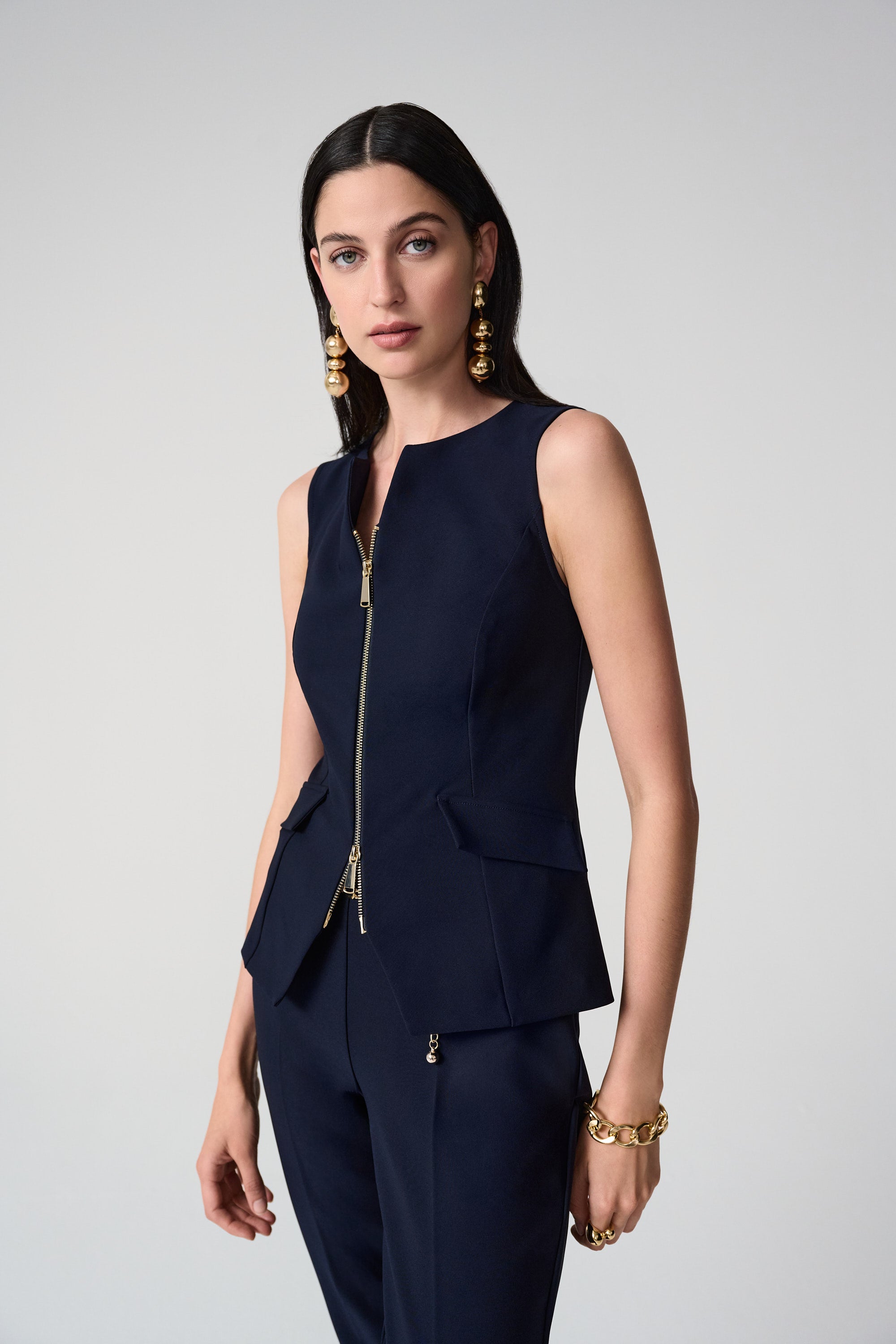 Women's Tailored Sleeveless Vest with Two-Way Zip in Midnight Blue