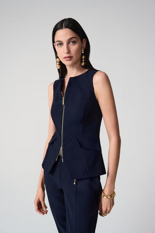 Women’s Tailored Sleeveless Vest with Two-Way Zip in Midnight Blue by Joseph Ribkoff