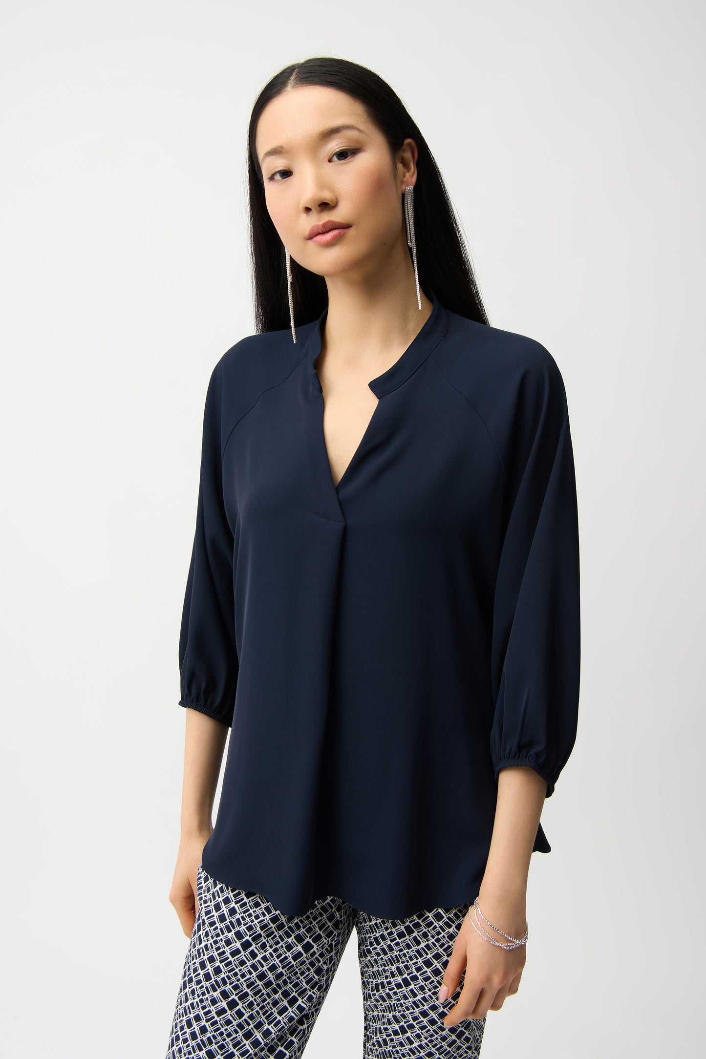 Women’s Mandarin Collar V-Neck Blouse with Elastic Waist in Midnight Blue by Joseph Ribkoff