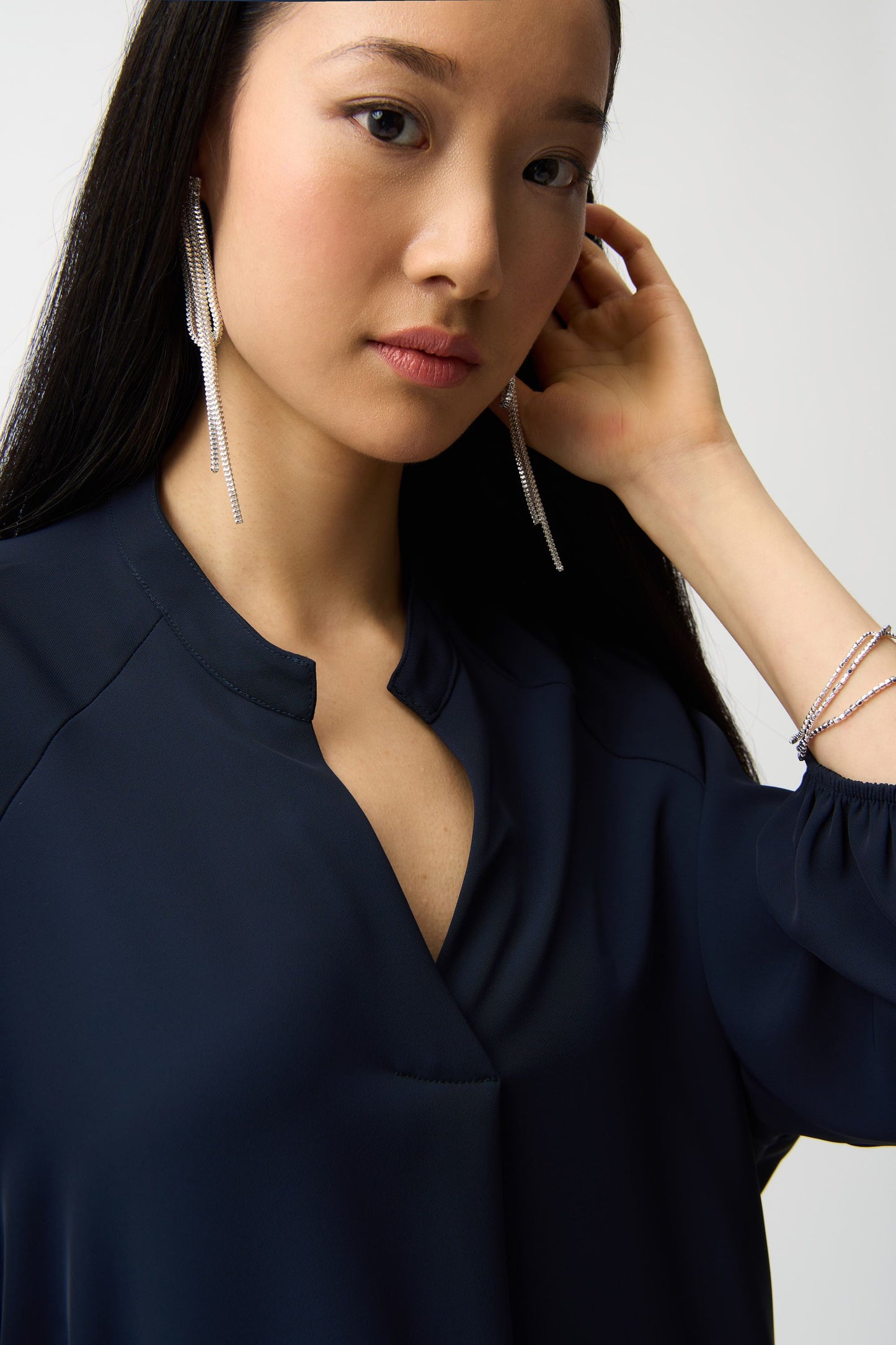 Women’s Mandarin Collar V-Neck Blouse with Elastic Waist in Midnight Blue by Joseph Ribkoff