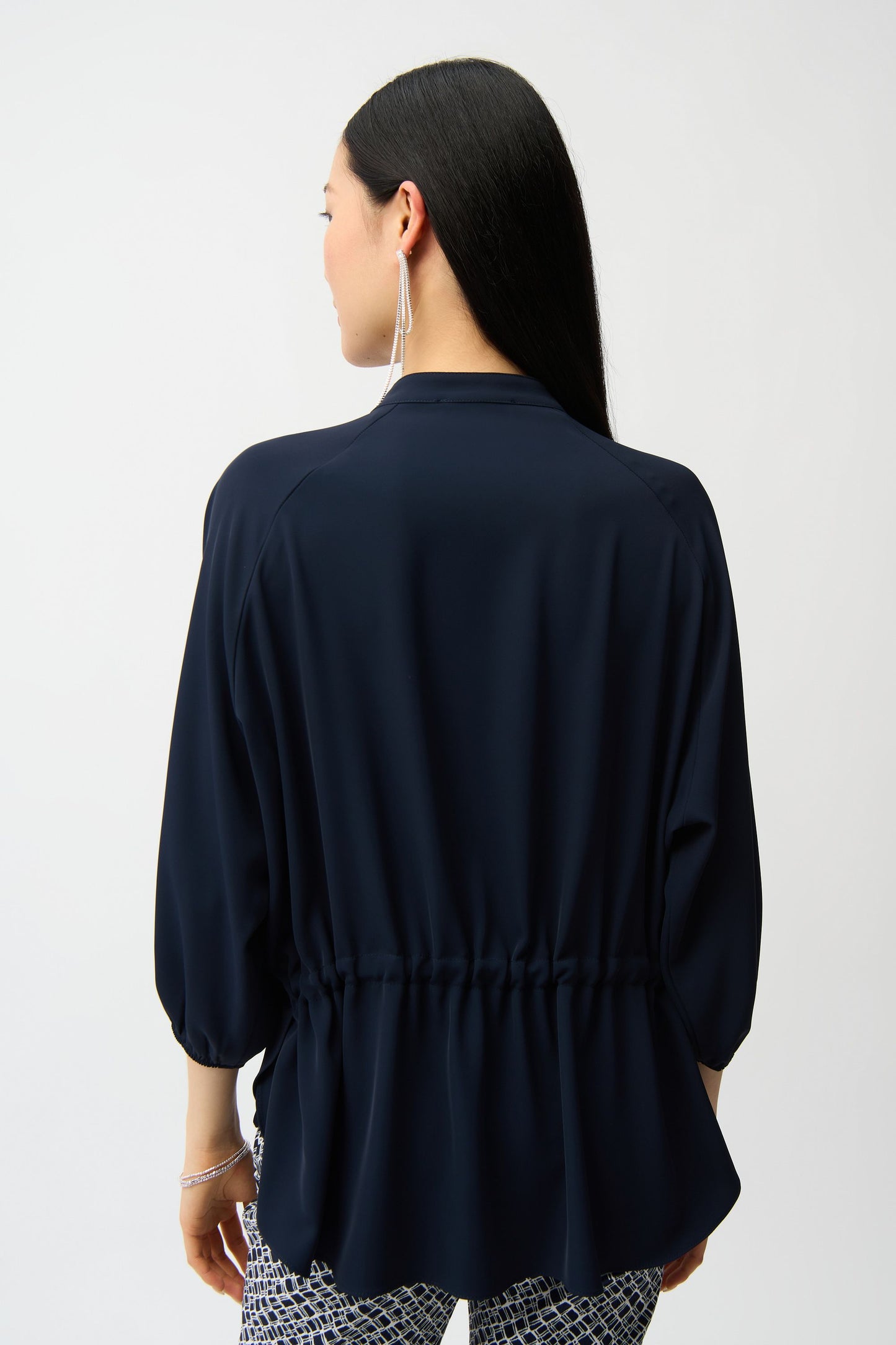 Women’s Mandarin Collar V-Neck Blouse with Elastic Waist in Midnight Blue by Joseph Ribkoff