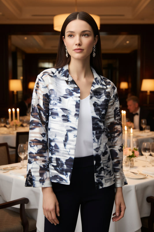 Sheer Floral Trapeze Jacket in Midnight Blue by Joseph Ribkoff
