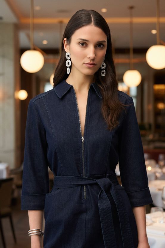 Effortless Belted Denim Dress in Dark Denim Blue by Joseph Ribkoff