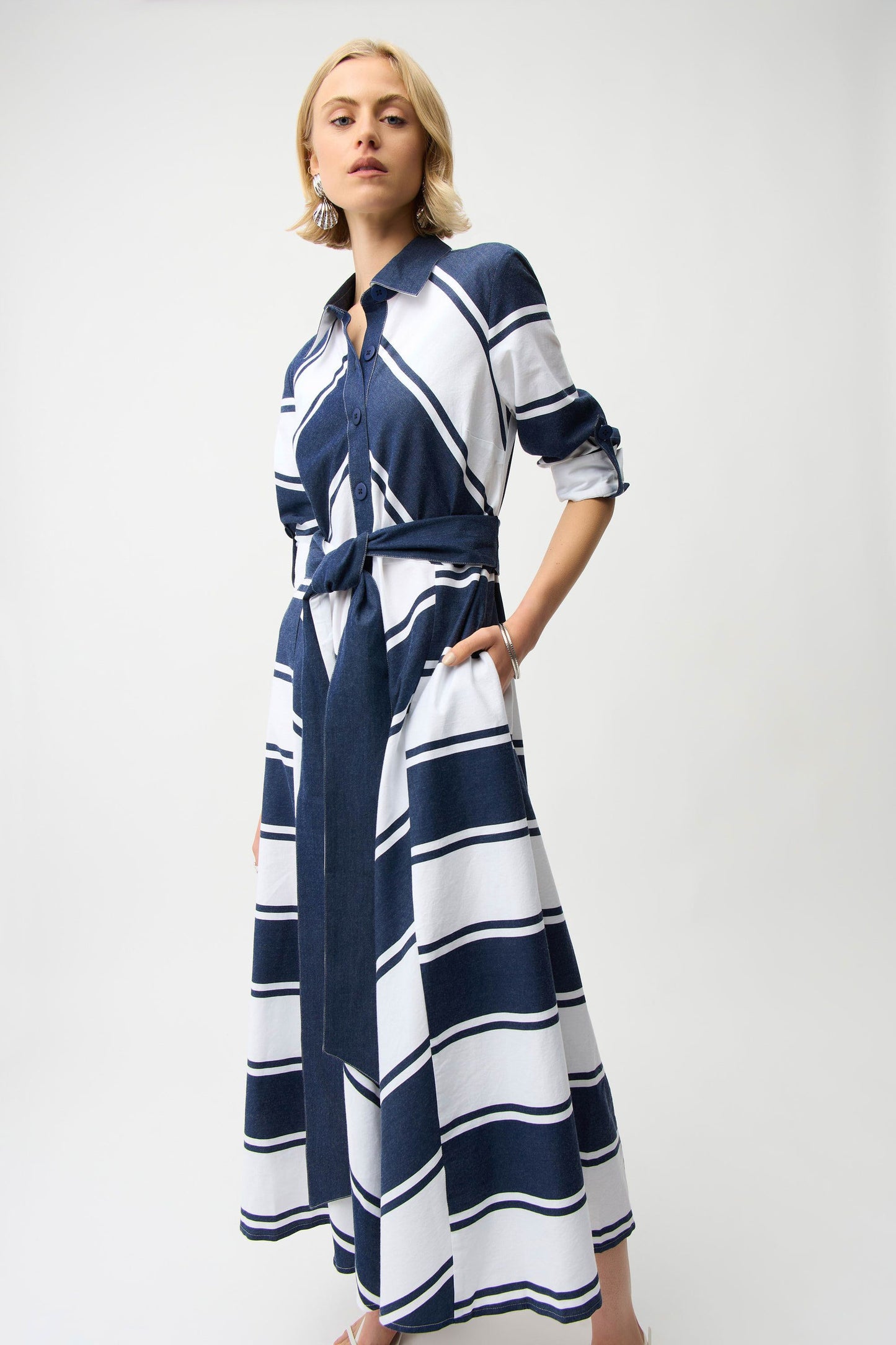 Cotton Stripe Print Fit and Flare Shirt Dress with Reversible Sash in Navy and White by Joseph Ribkoff