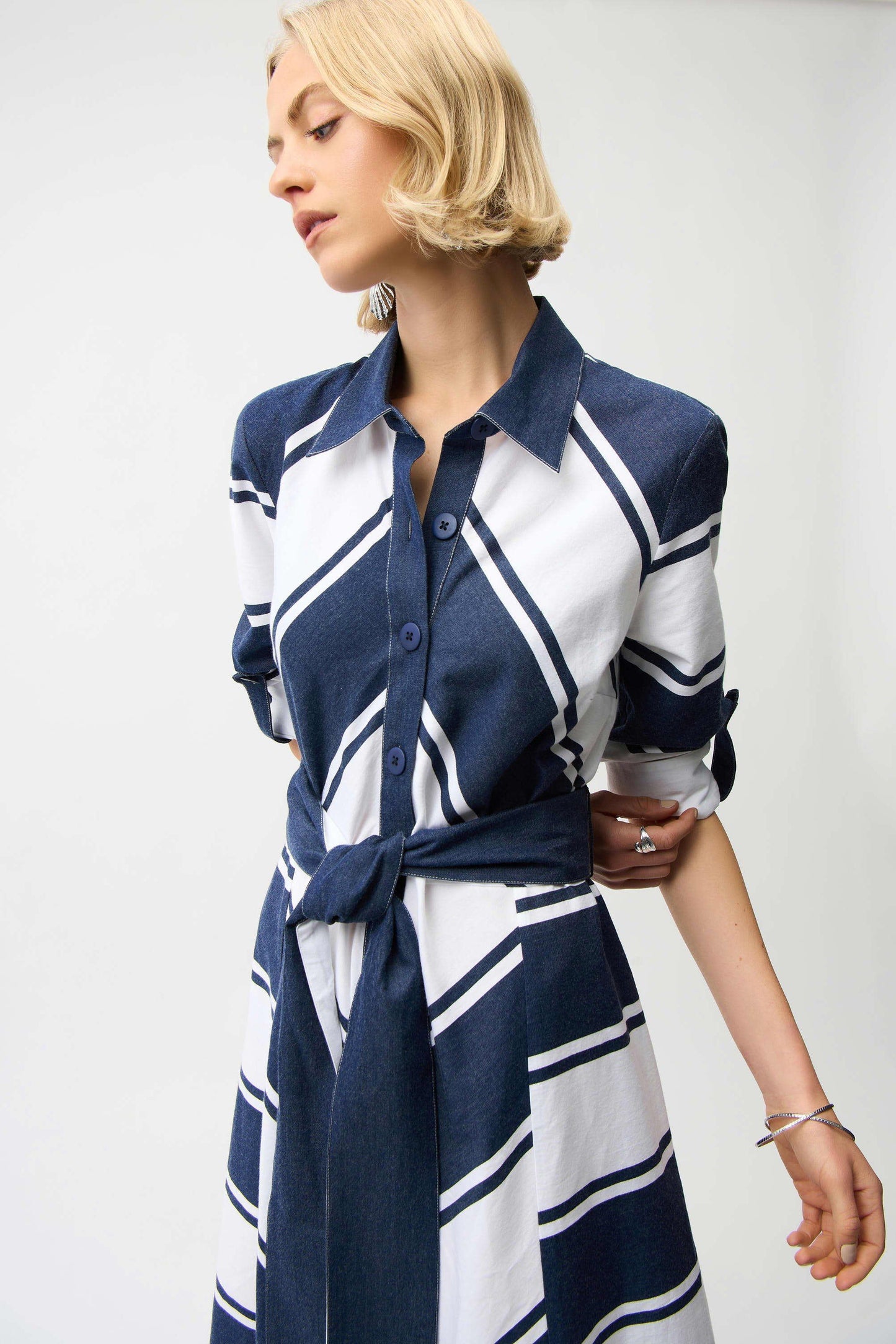 Cotton Stripe Print Fit and Flare Shirt Dress with Reversible Sash in Navy and White by Joseph Ribkoff