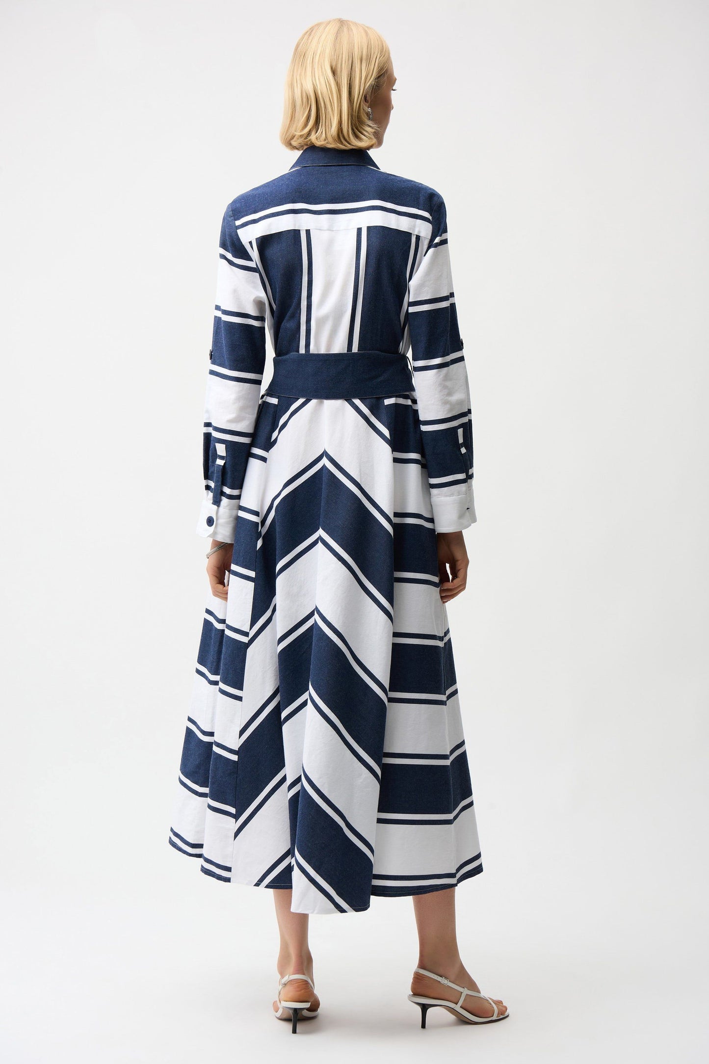 Cotton Stripe Print Fit and Flare Shirt Dress with Reversible Sash in Navy and White by Joseph Ribkoff
