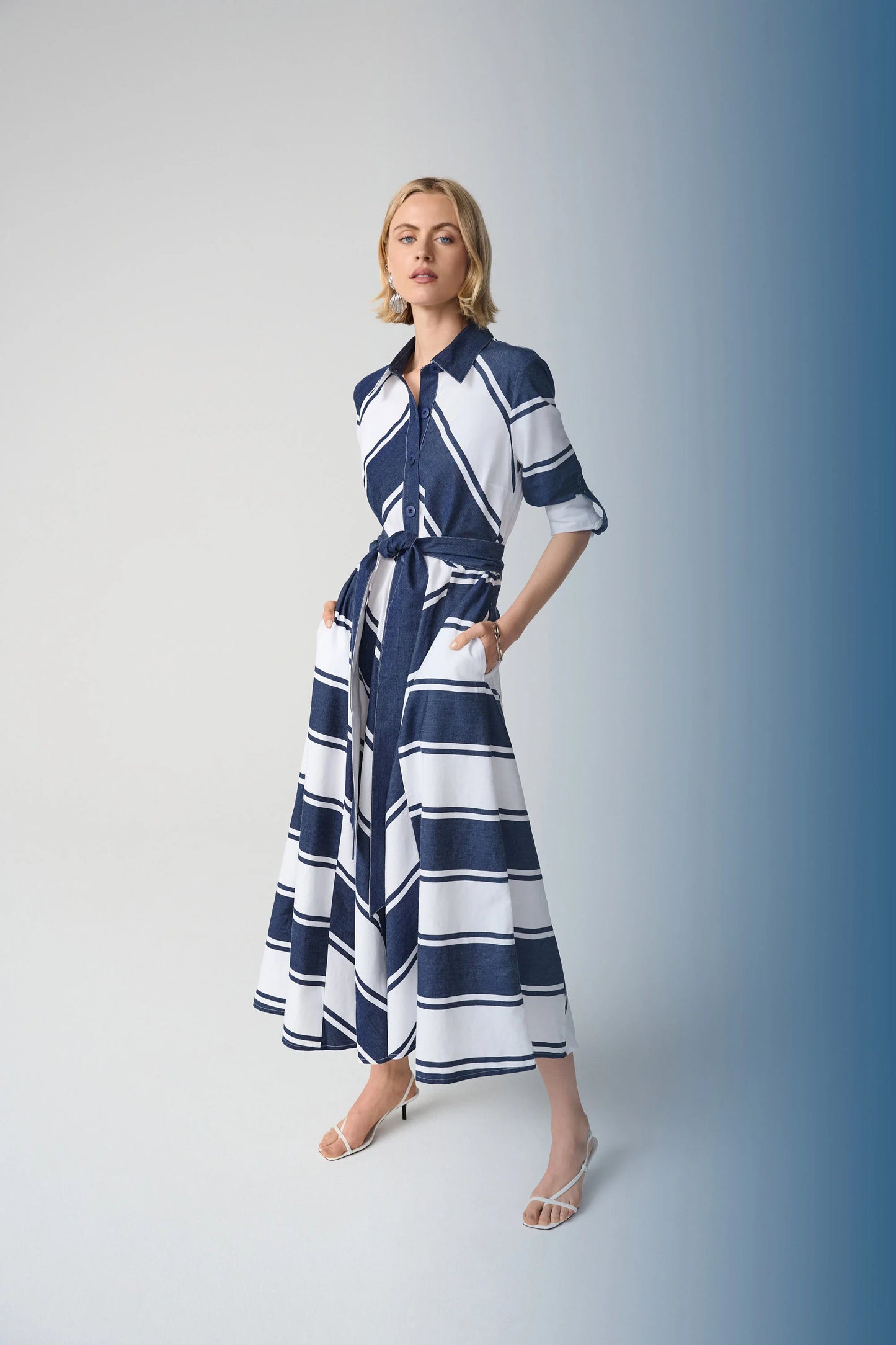 Cotton Stripe Print Fit and Flare Shirt Dress with Reversible Sash in Navy and White by Joseph Ribkoff