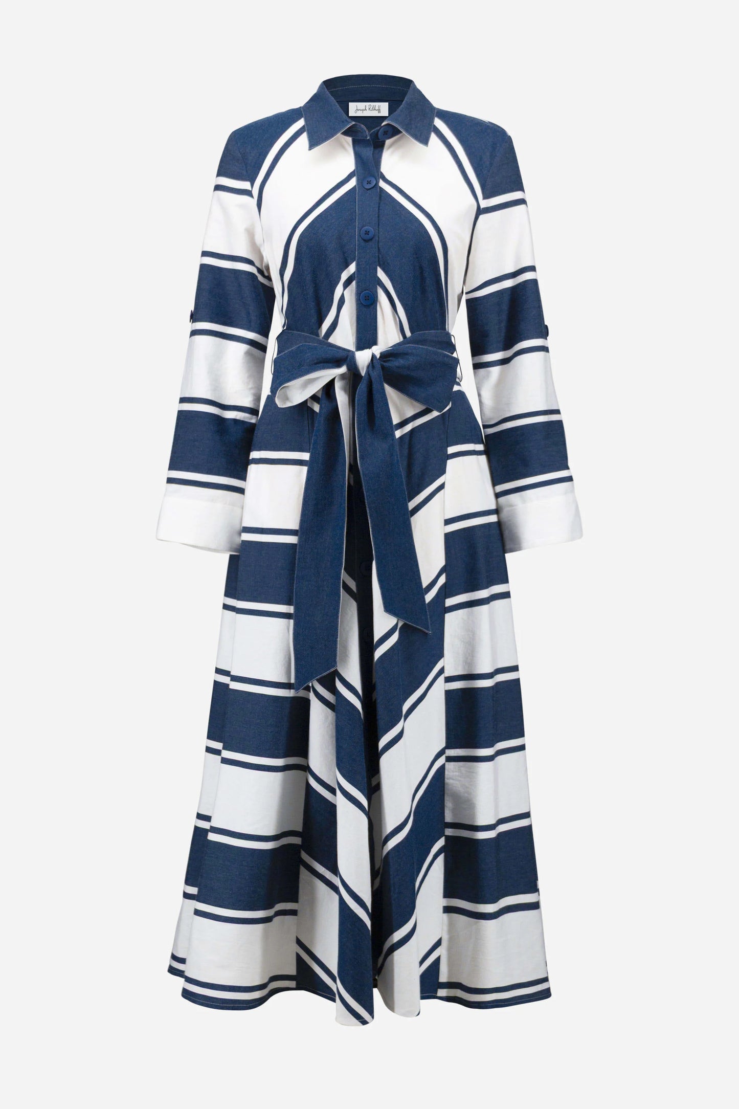 Cotton Stripe Print Fit and Flare Shirt Dress with Reversible Sash in Navy and White by Joseph Ribkoff