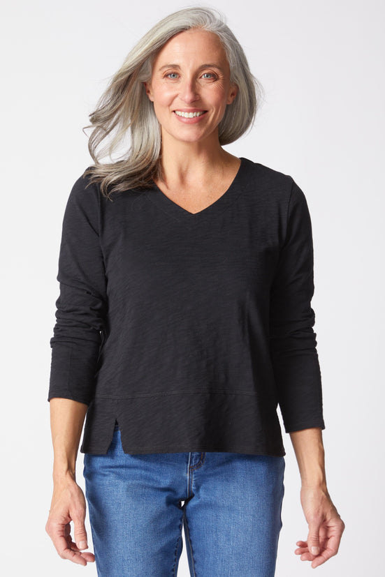 Women's 100% Peruvian Cotton V Neck with  Side Slit Top in Black by Habitat