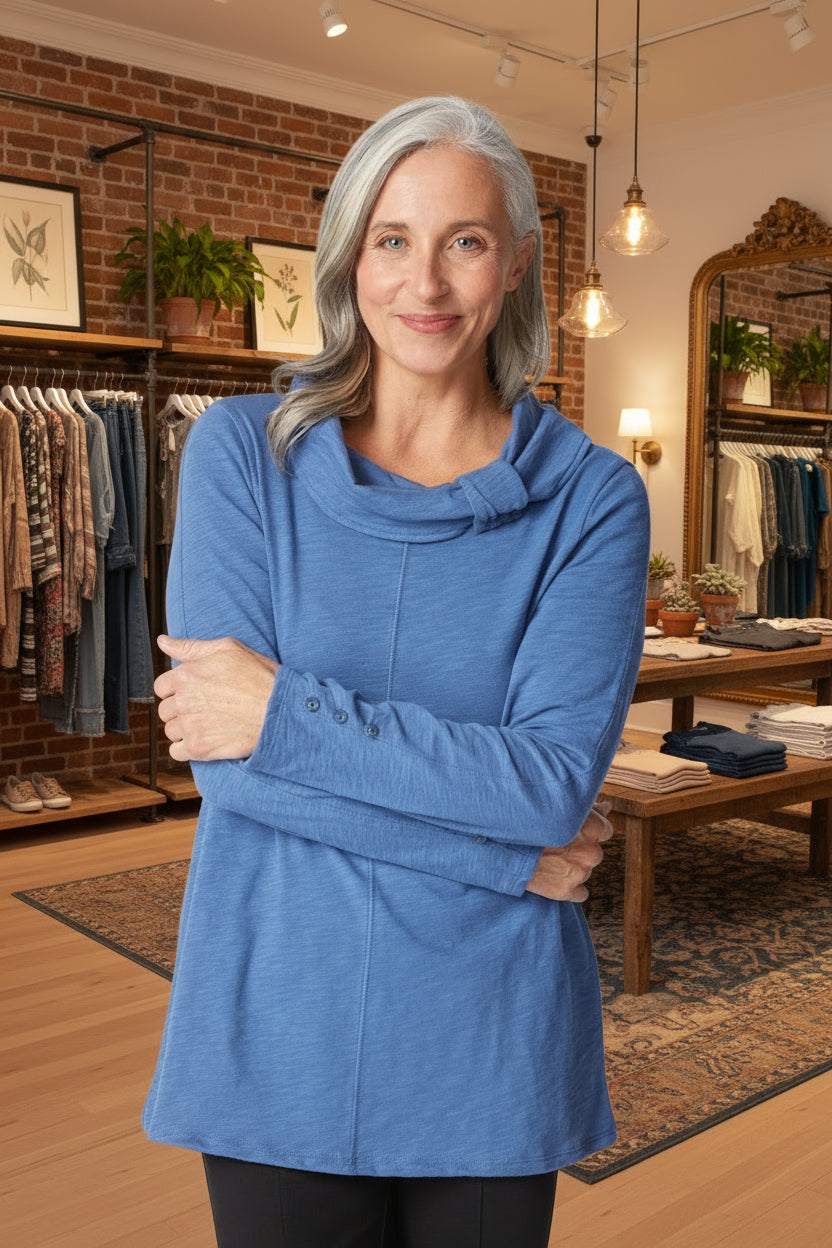 Women's Cowl Neck Tunic in Oxford Blue by Habitat