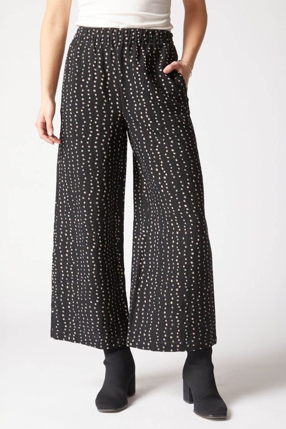 Women's Express Wide Leg Pull On Pant in Black/White Dot by Habitat Clothing