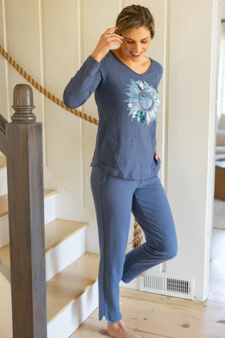 Women's Denim 100 % Peruvian Cotton Sunflower V Neck Top - Escape by Habitat