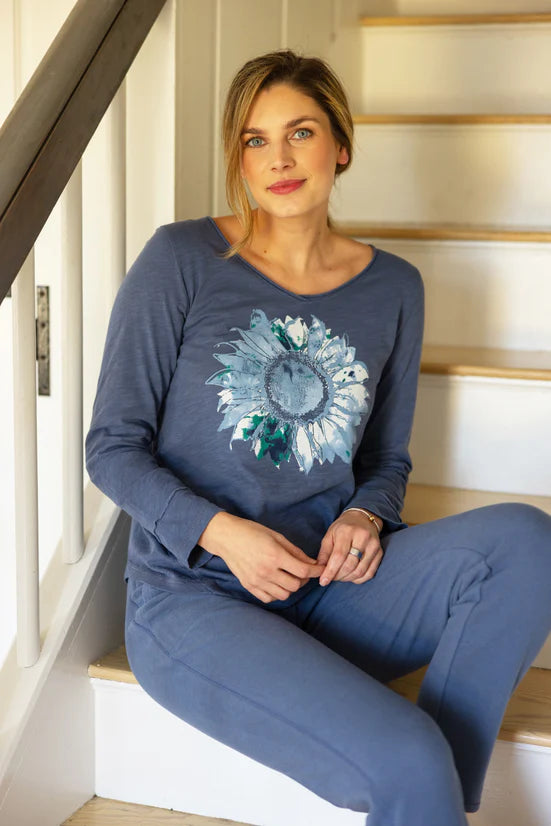 Women's Denim 100 % Peruvian Cotton Sunflower V Neck Top - Escape by Habitat