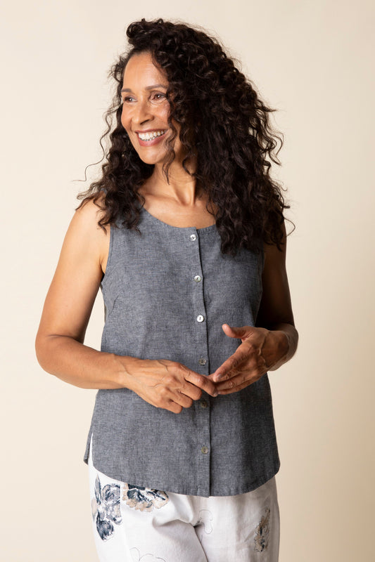 Pleat Back Button Tank (Black) by Habitat Clothing