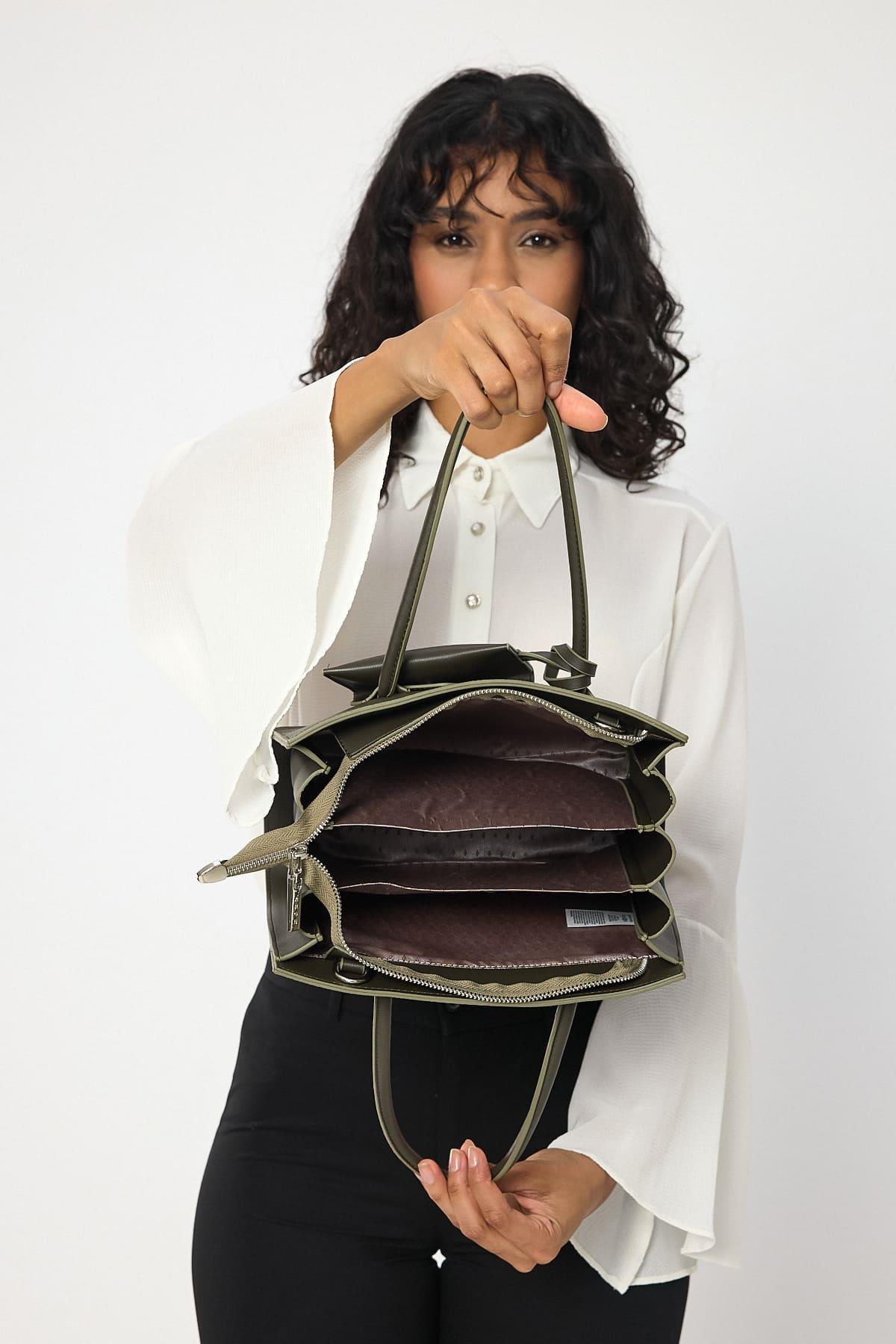 Vegan Pebbled Handbag in Khaki Green or Rich Brown With Shoulder Strap