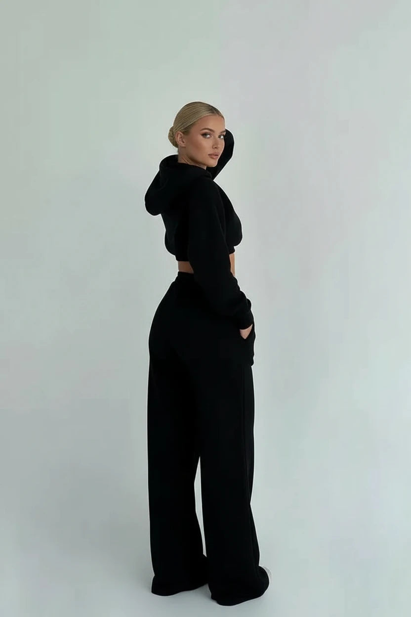Women's Oversized Wide Leg Pant and Cropped Hoodie Matching Set in Black