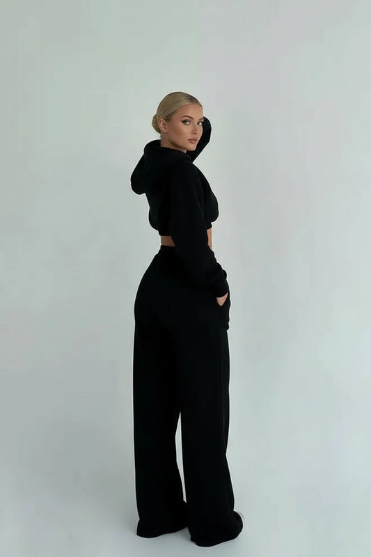 Women's Oversized Wide Leg Pant and Cropped Hoodie Matching Set in Black