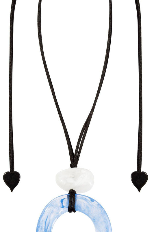 Organic Adjustable Cord Resin Blue Marbled Circle Pendant Necklace by Zsiska