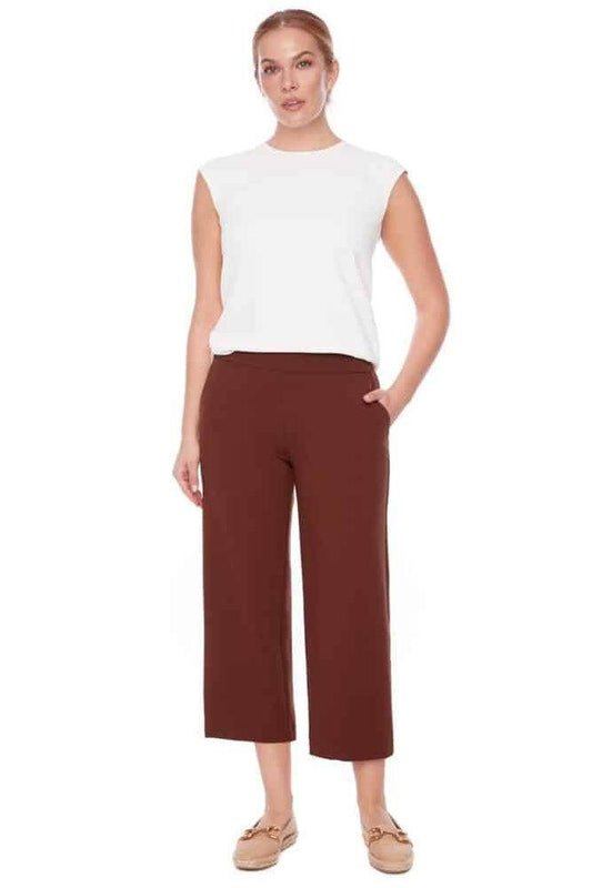 SOLID PONTE WIDE LEG CROP PANT Chocolate Brown By UP!