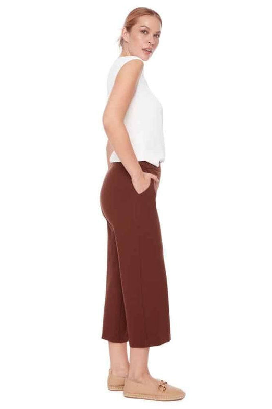 SOLID PONTE WIDE LEG CROP PANT Chocolate Brown By UP!