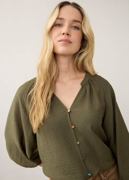 Button Up V Neck Shirt in Olive  by French Dressing Jeans