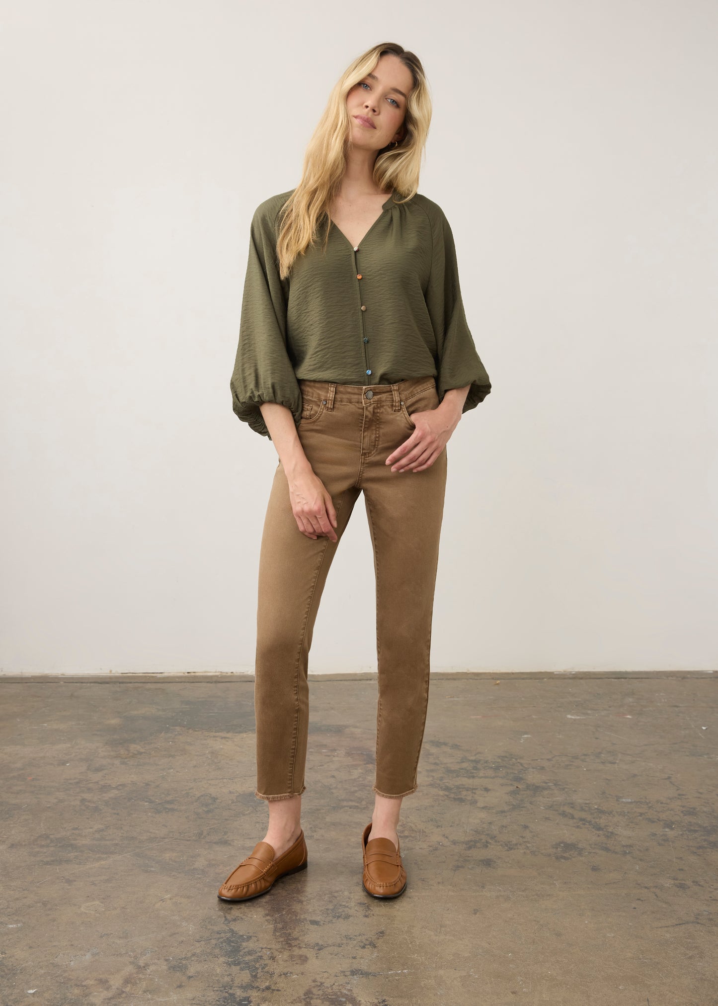 Button Up V Neck Shirt in Olive  by French Dressing Jeans