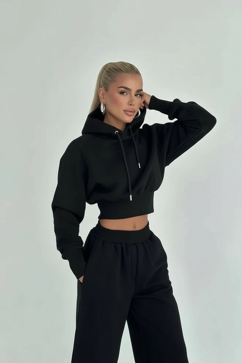Women's Oversized Wide Leg Pant and Cropped Hoodie Matching Set in Black