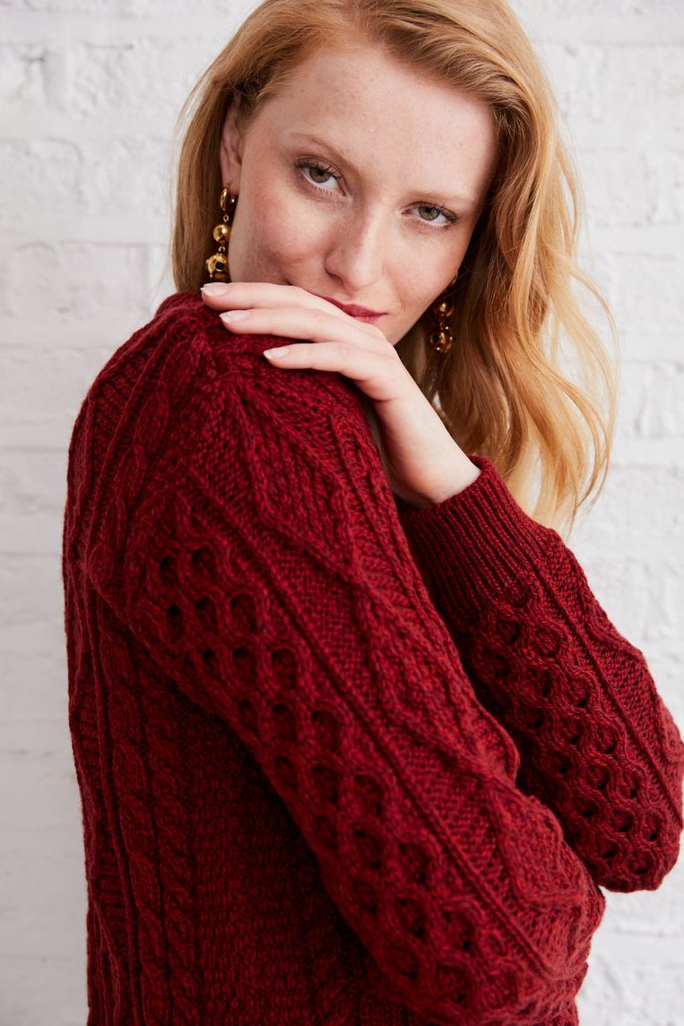 Éireann Ladies/Unisex Traditional Aran Superset Merino Sweater in Rua Red by Aran Woolen Mills