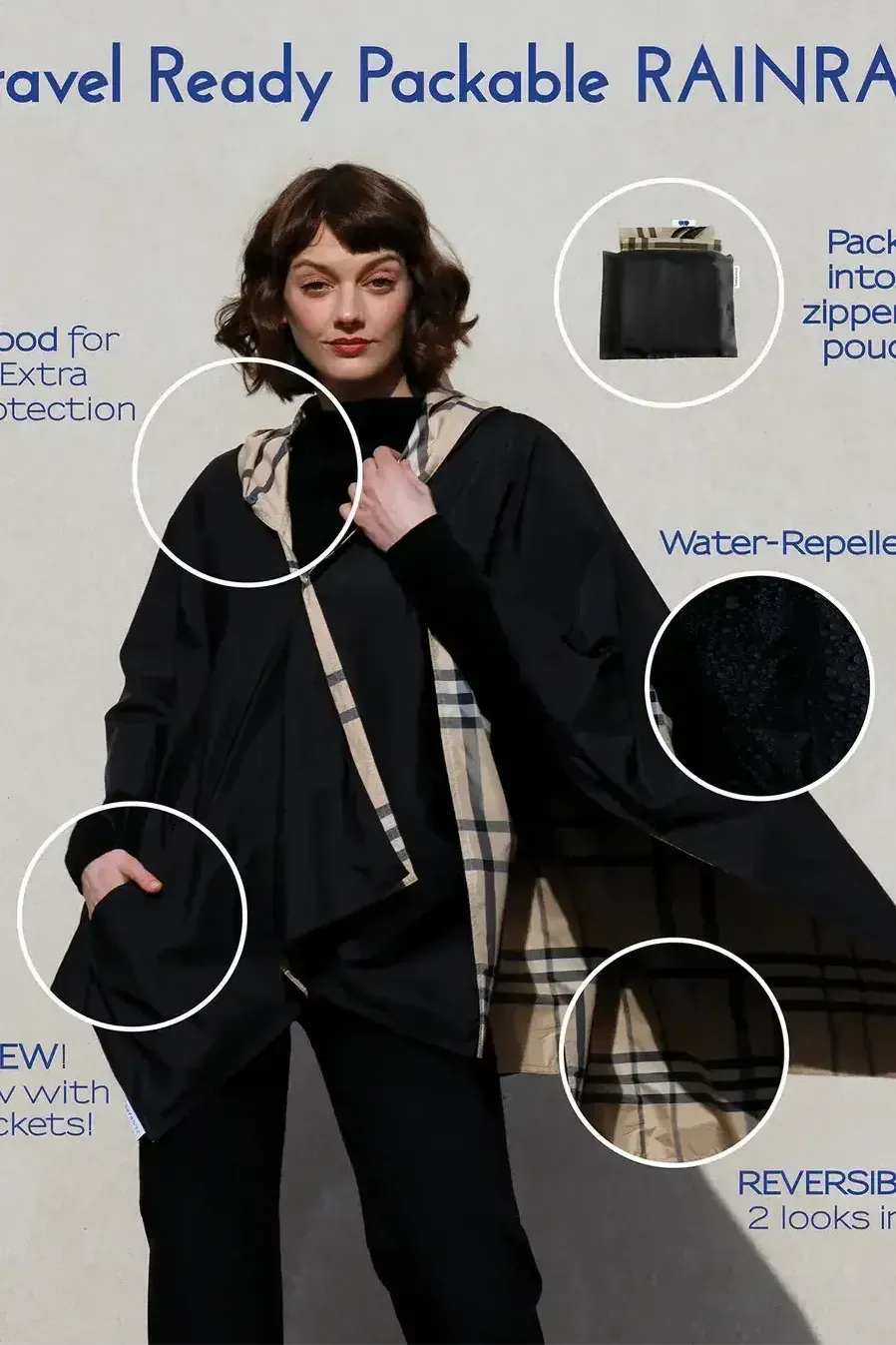 Black & Plaid RAINRAP | Women's Hooded Winter Wrap Jacket One Size