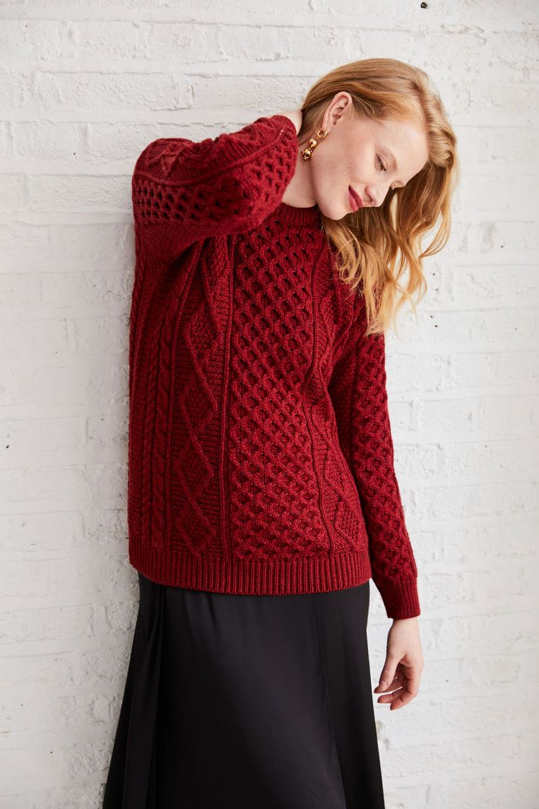 Éireann Ladies/Unisex Traditional Aran Superset Merino Sweater in Rua Red by Aran Woolen Mills