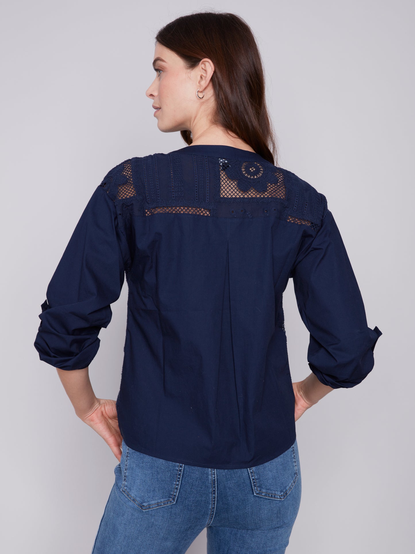 Long Sleeve Eyelet Shirt with Buttons in Marine Navy by Charlie B