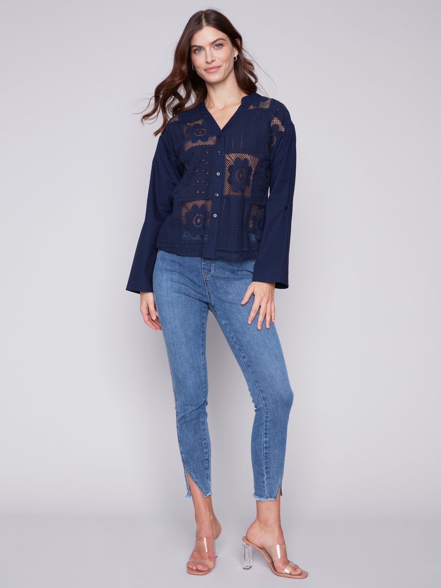 Long Sleeve Eyelet Shirt with Buttons in Marine Navy by Charlie B