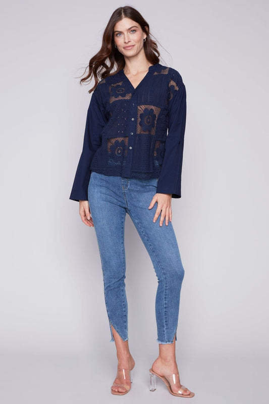 Final Sale Clearance No Return Long Sleeve Eyelet Shirt with Buttons in Marine Navy by Charlie B