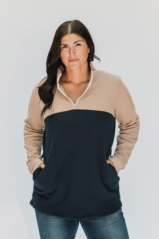 Women's Classic Mountain Sweater Fleece in Stucco and Navy by Blondie Apparel🇨🇦 Final Clearance