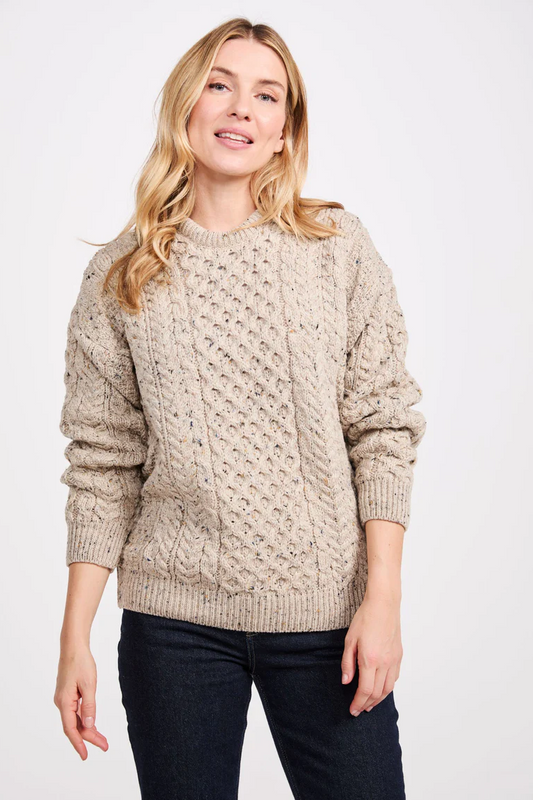 Inishbofin Ladies Traditional Aran Sweater in Flecked Oat by Aran Woolen Mills