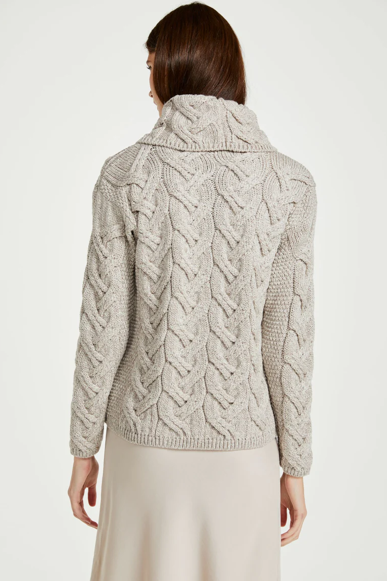 Kinsale Ladies Cable Aran Merino Wool Sweater in Oat by Aran Woolen Mills