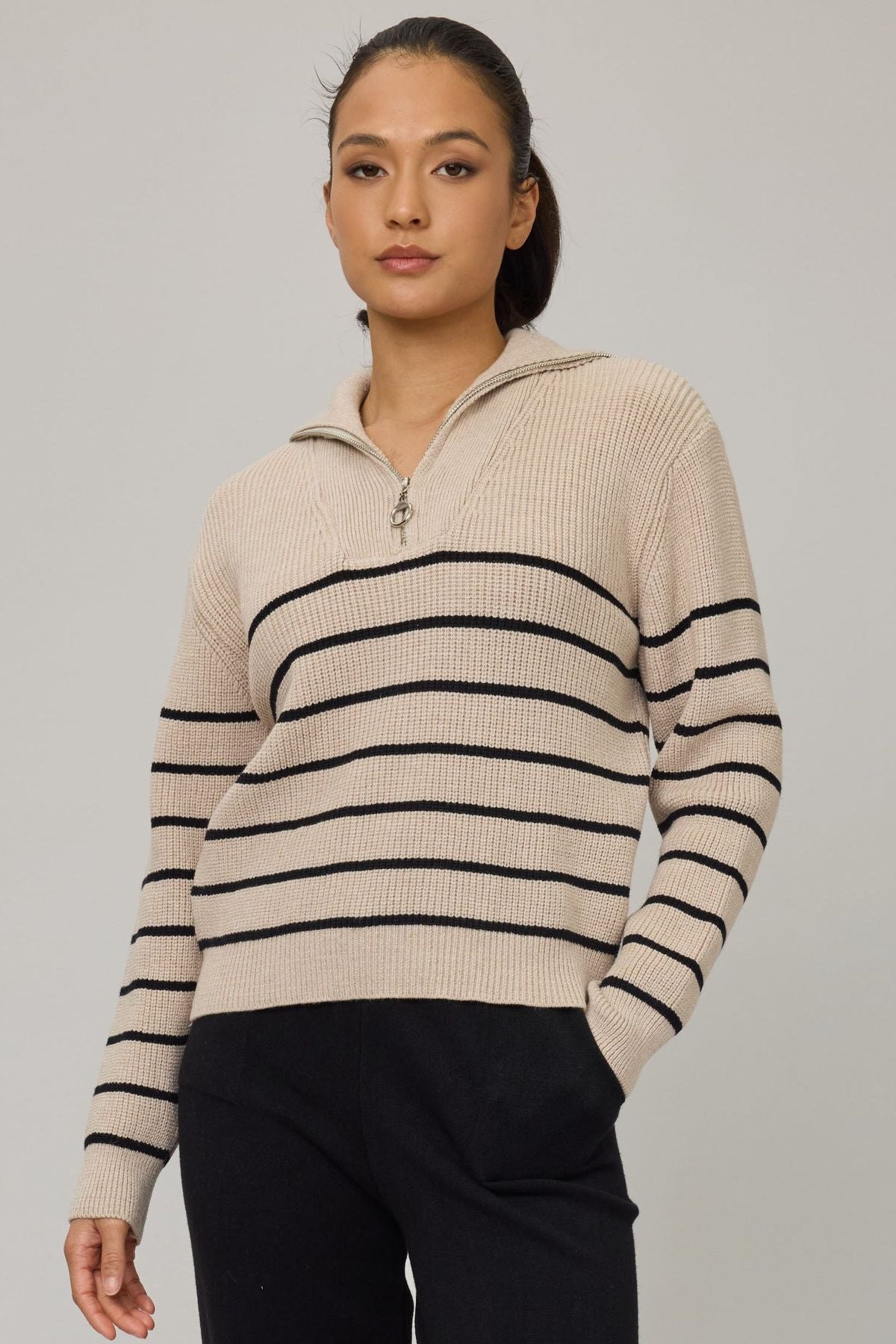 Women’s Comfort Rib Sweater with Zipper in Navy or Beige by Pistache Apparel