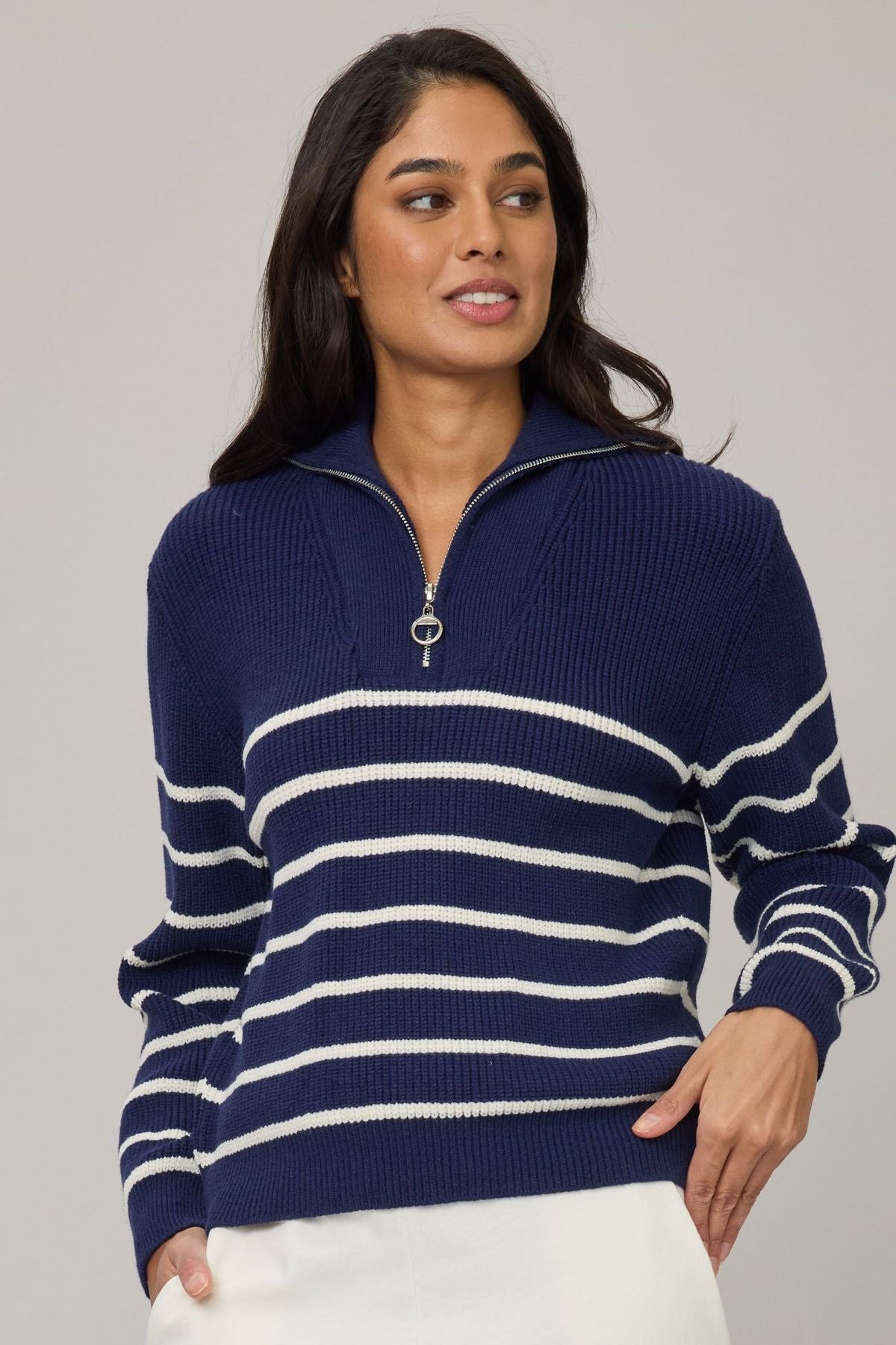 Women’s Comfort Rib Sweater with Zipper in Navy or Beige by Pistache Apparel