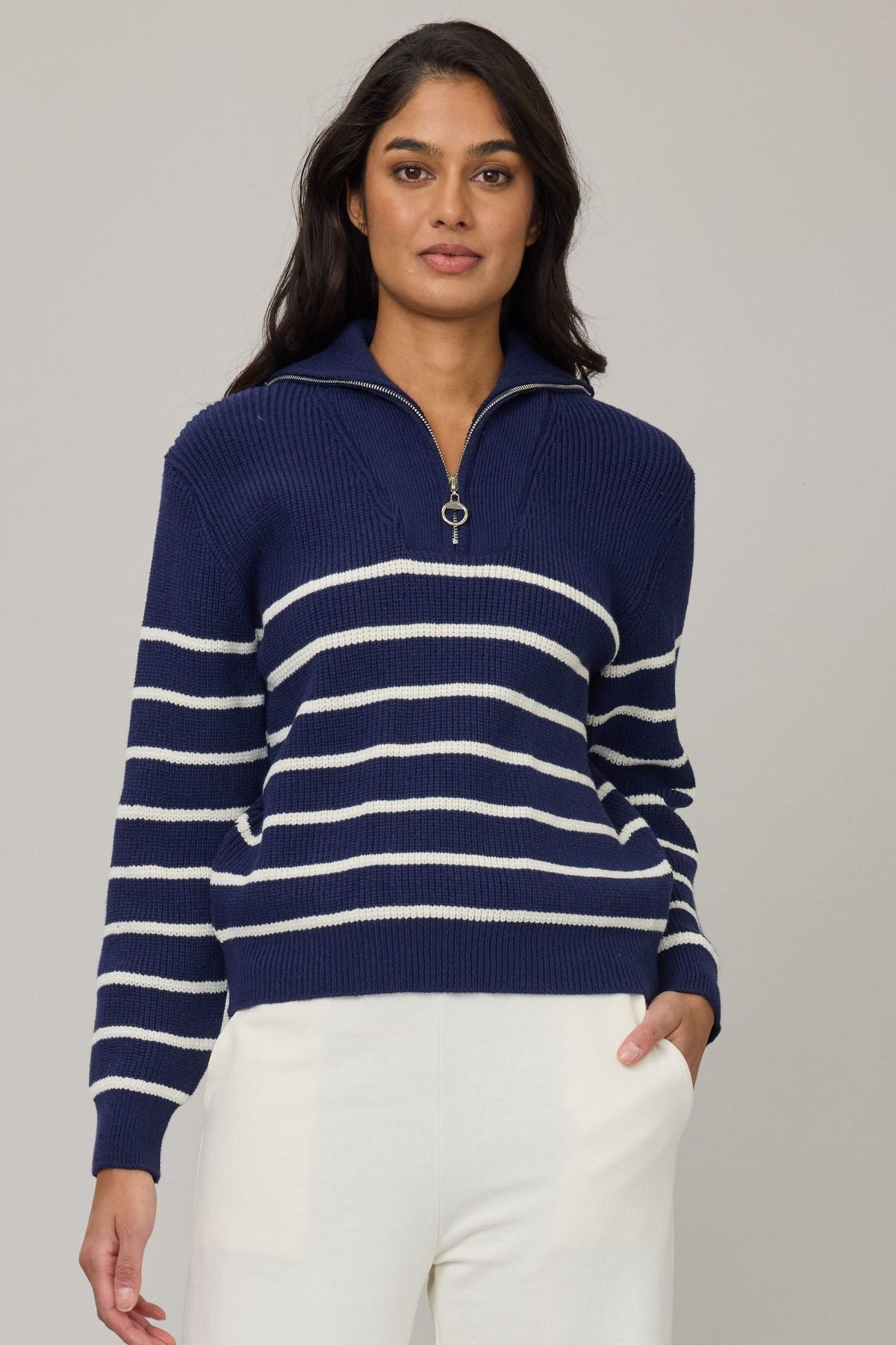 Women’s Comfort Rib Sweater with Zipper in Navy or Beige by Pistache Apparel