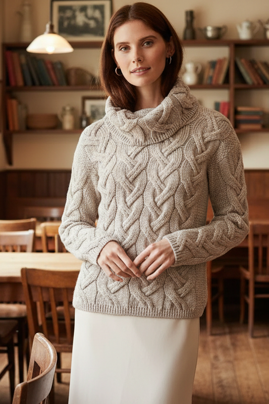 Kinsale Ladies Cable Aran Merino Wool Sweater in Oat by Aran Woolen Mills