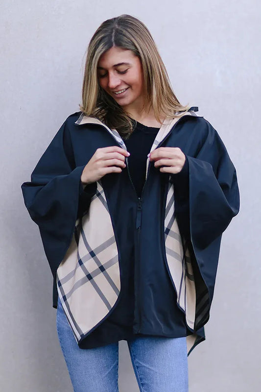 Black & Plaid Zippered SPORTYRAP | Woman's Rain Jacket One Size